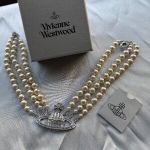 Vivienne Westwood Style Three Row Triple Layer Pearl Silver Necklace